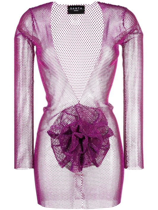 Faux Flower-Detail Rhinestone-Embellished Minidress