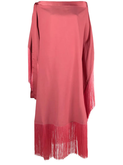 Neck Tie-Fastening Fringed Crepe Midi Dress