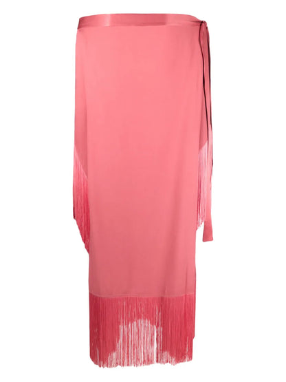 Neck Tie-Fastening Fringed Crepe Midi Dress