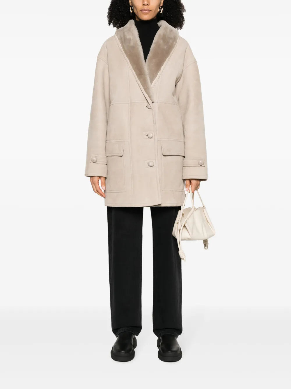 Shearling-Collar Single-Breasted Coat