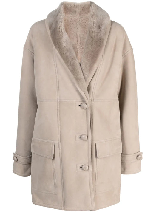 Shearling-Collar Single-Breasted Coat