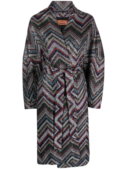 Zigzag Sequin-Embellished Belted Coat