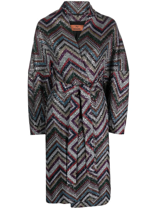 Zigzag Sequin-Embellished Belted Coat
