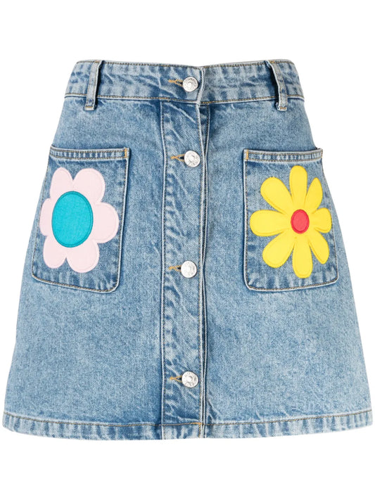 Floral-Patches Denim Miniskirt