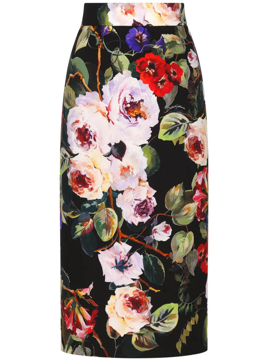 Floral-Print Charmeuse Pencil Skirt