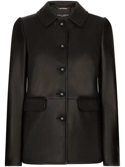 Button-Embossed Leather Jacket