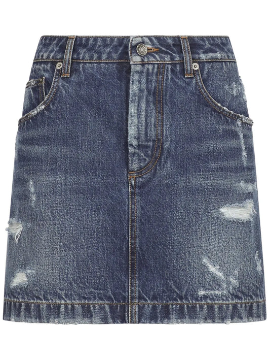 Distressed-Finish Denim Miniskirt