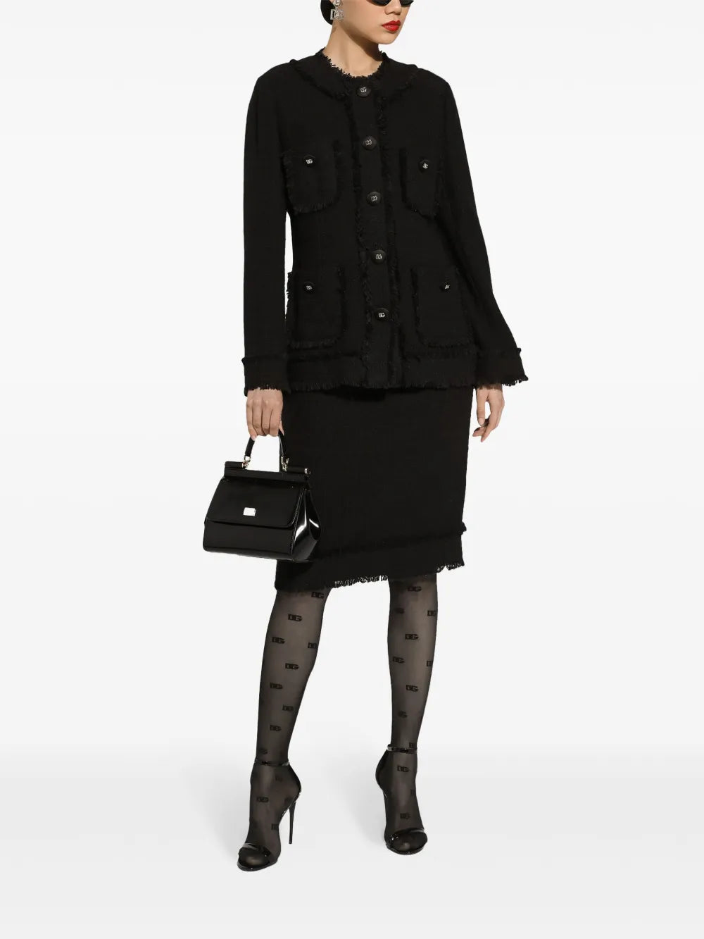 Dg-Plaque Tweed Midi Skirt