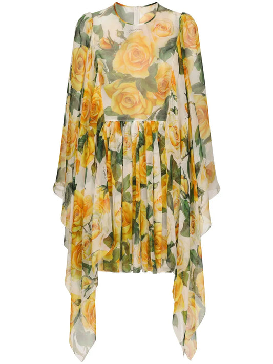 Silk Chiffon Rose-Print Dress