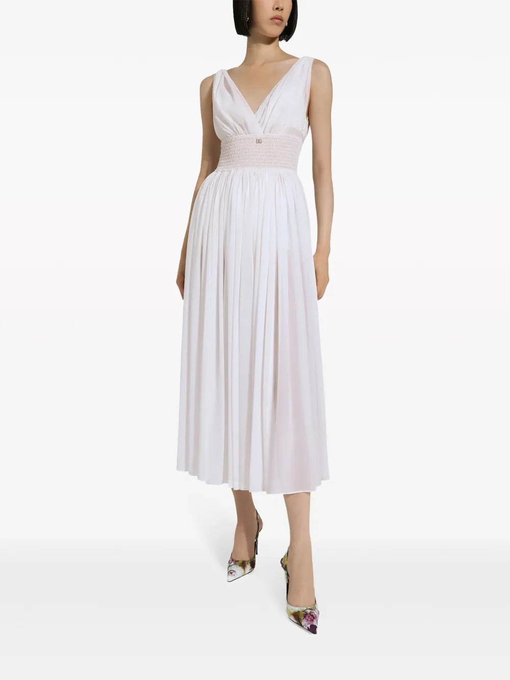 Shirred-Panel Silk Midi Dress