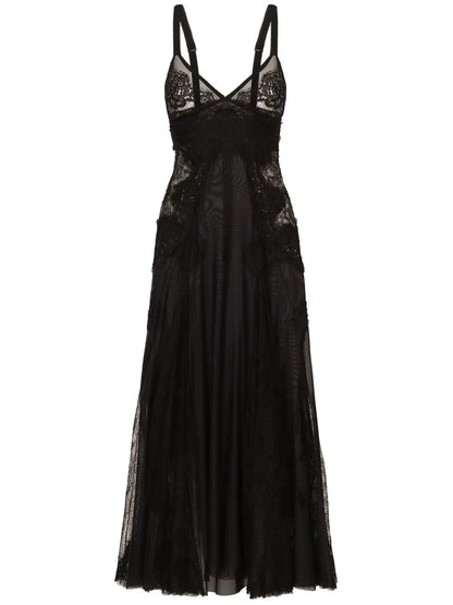 Lace-Insert Flared Midi Dress