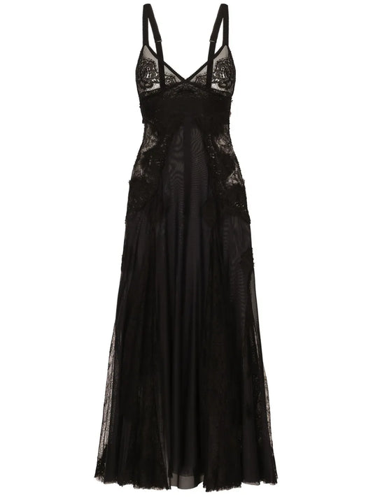 Lace-Insert Flared Midi Dress