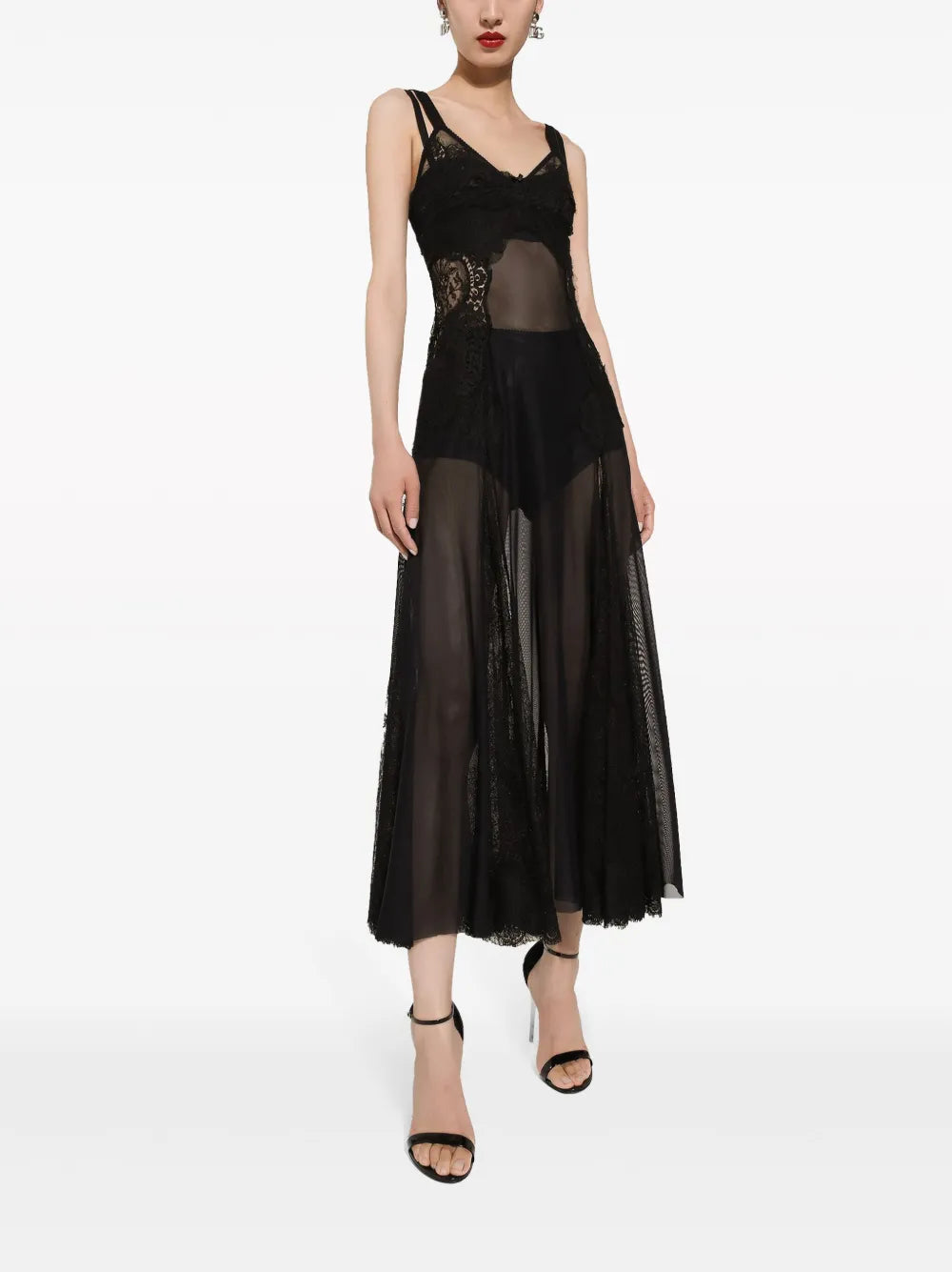 Lace-Insert Flared Midi Dress