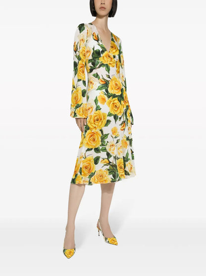 Rose-Print Midi Dress