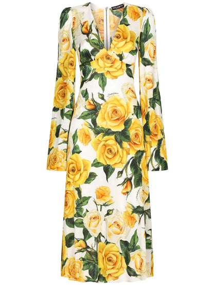 Rose-Print Midi Dress