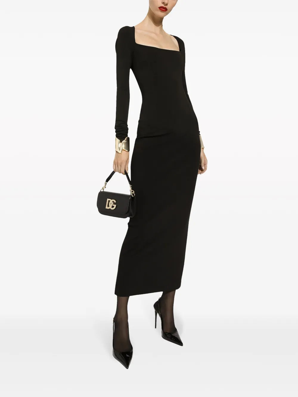 Long-Sleeve Square-Neck Midi Dress