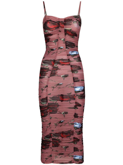 Rose-Print Ruched Dress