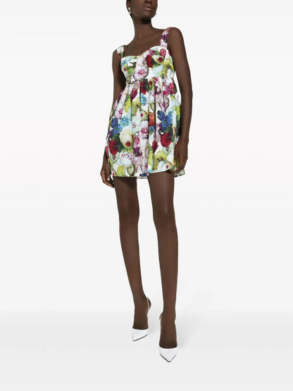 Floral-Print Corset Cotton Minidress