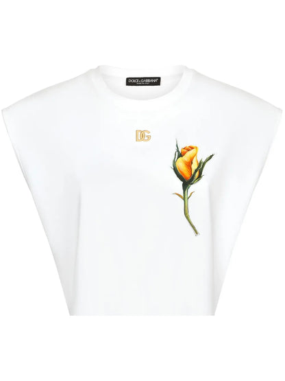 Rose-Appliqué Cropped T-Shirt