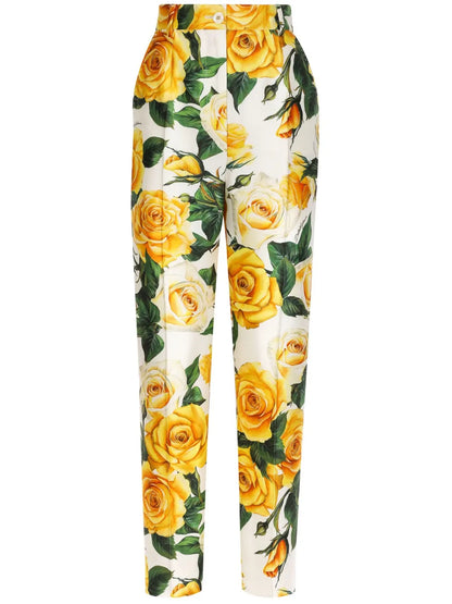 Rose-Print High-Waisted Trousers