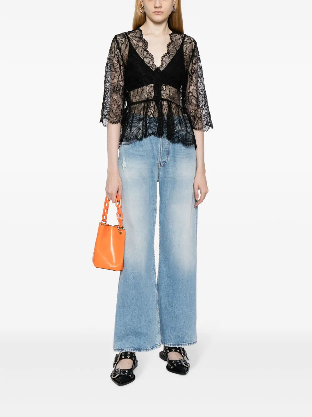 Floral-Lace Sheer Peplum Top