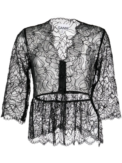 Floral-Lace Sheer Peplum Top