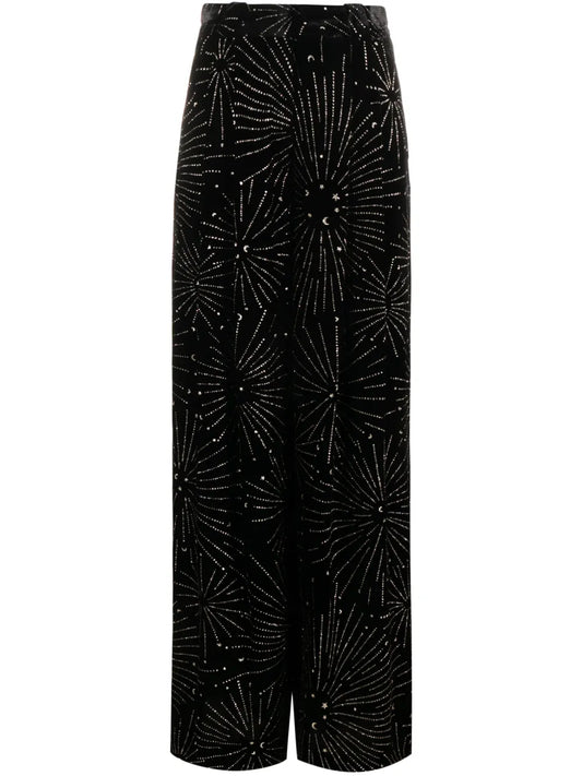 Crystal-Embellished Velvet-Finish Palazzo Trousers