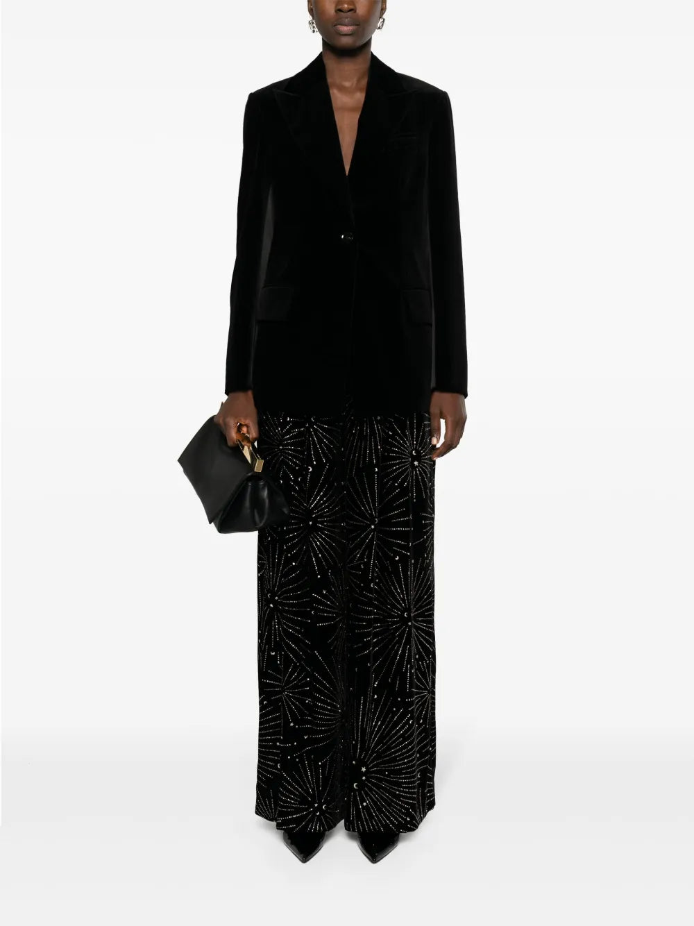 Crystal-Embellished Velvet-Finish Palazzo Trousers