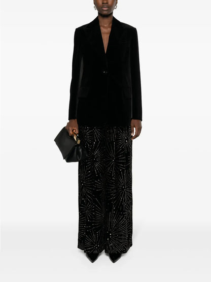 Crystal-Embellished Velvet-Finish Palazzo Trousers
