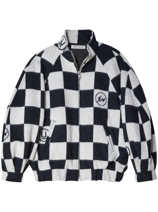 Checkerboard-Print Blouson Jacket
