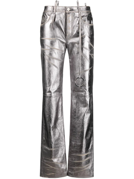 Distressed Straight-Leg Leather Trousers