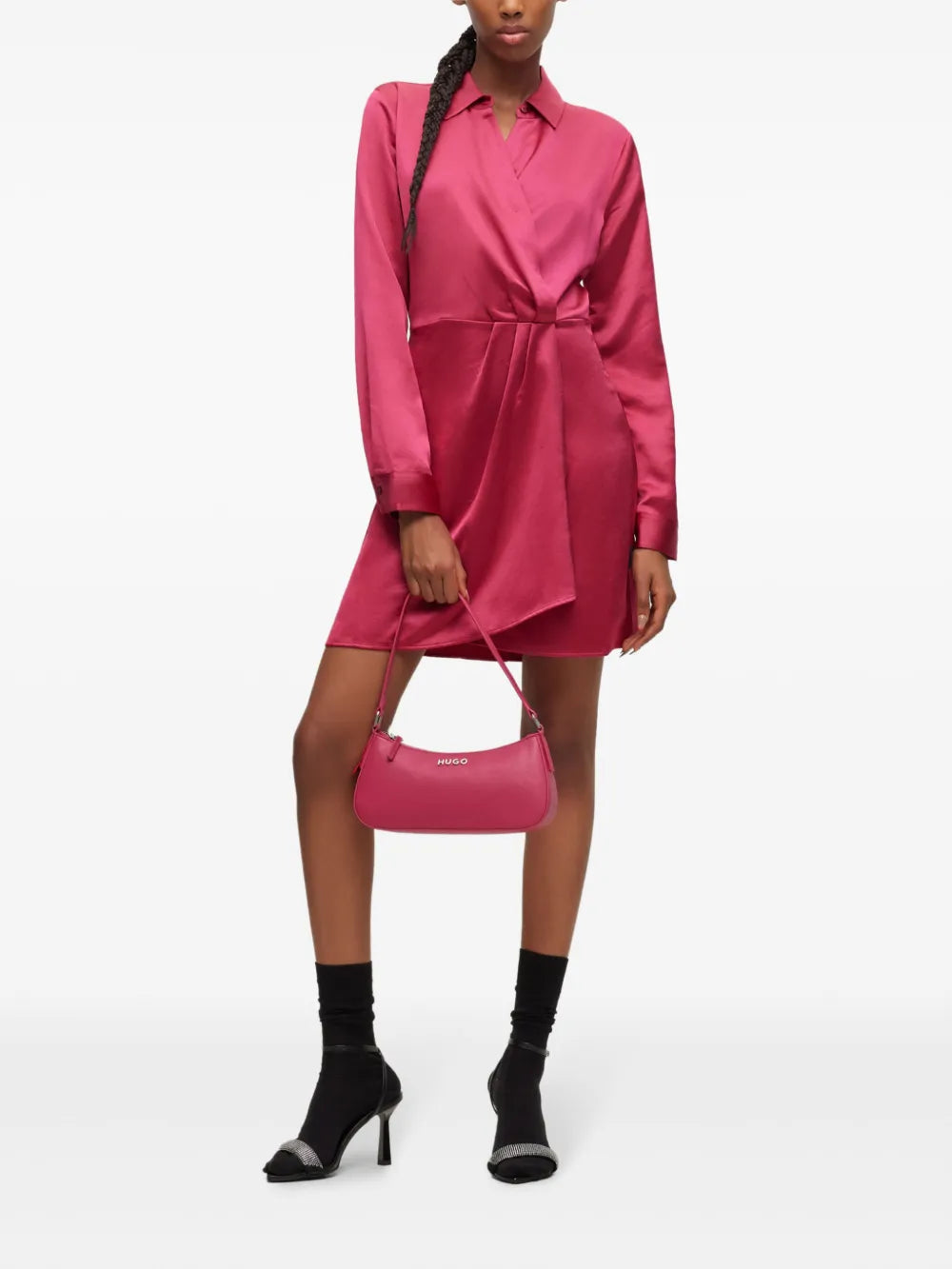 Classic-Collar Satin-Finish Dress