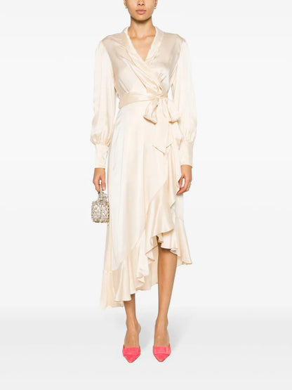 Long-Sleeve Wrap Silk Midi Dress