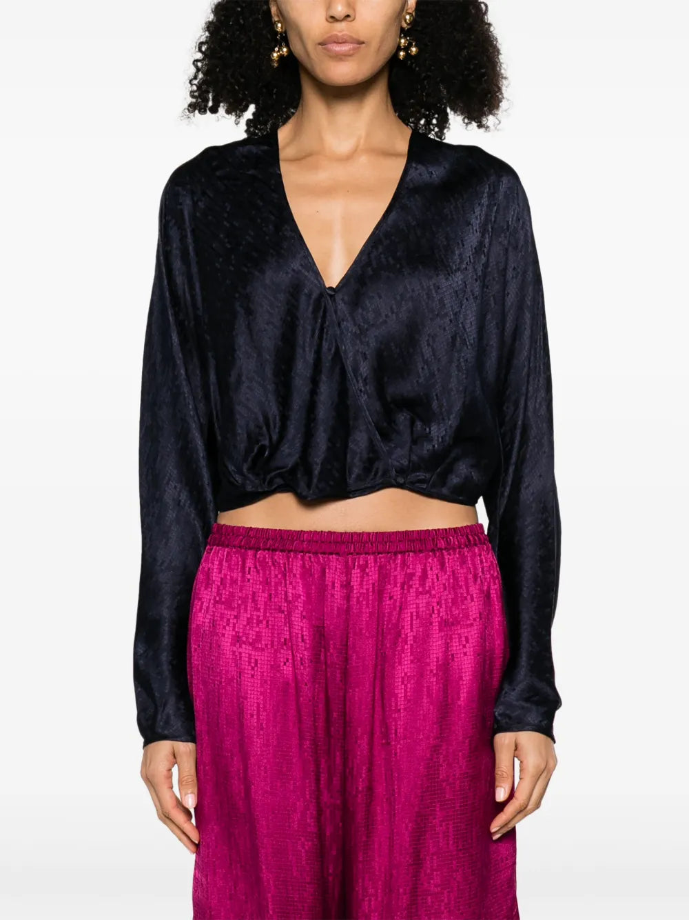 Patterned-Jacquard Long-Sleeve Blouse