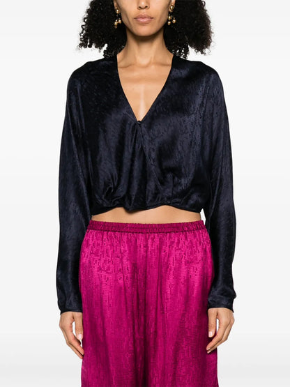 Patterned-Jacquard Long-Sleeve Blouse