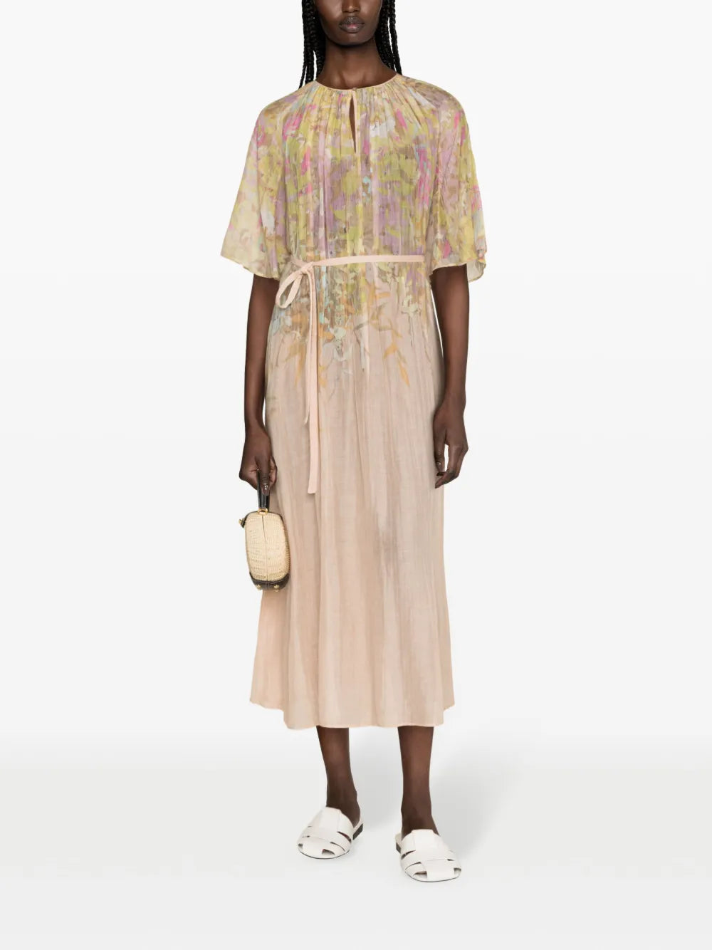 Floral-Print Pleated Belted Midi Dress