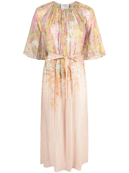 Floral-Print Pleated Belted Midi Dress