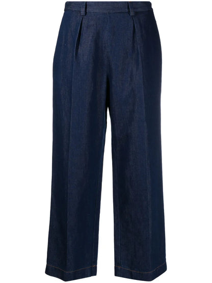Inverted-Pleat Cotton Blend Cropped Jeans