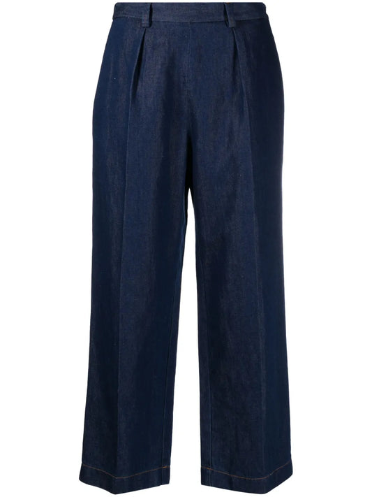 Inverted-Pleat Cotton Blend Cropped Jeans