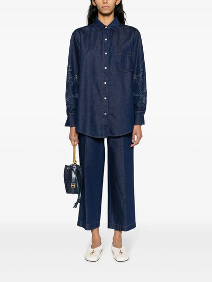Inverted-Pleat Cotton Blend Cropped Jeans