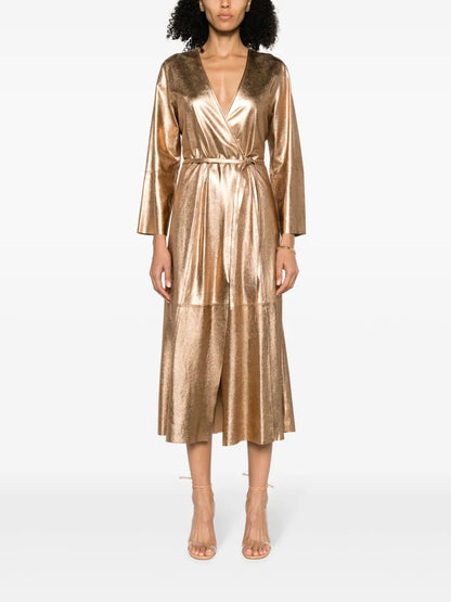 Metallic-Leather Wrap Midi Dress