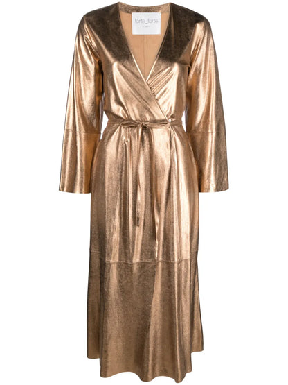 Metallic-Leather Wrap Midi Dress