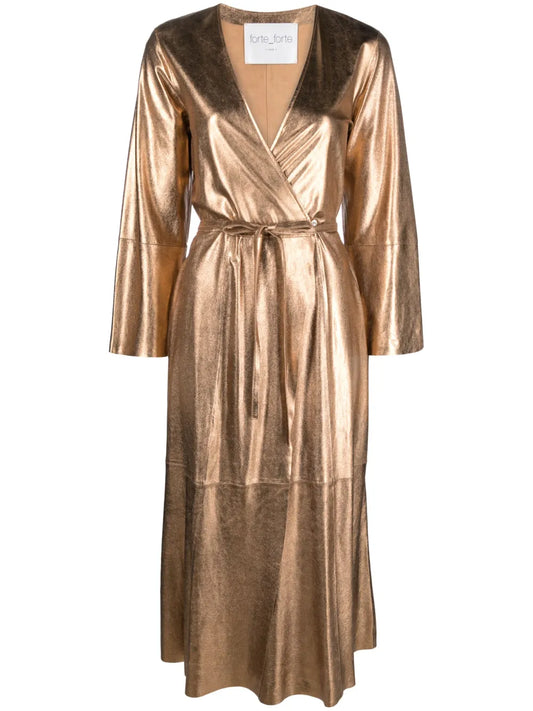 Metallic-Leather Wrap Midi Dress