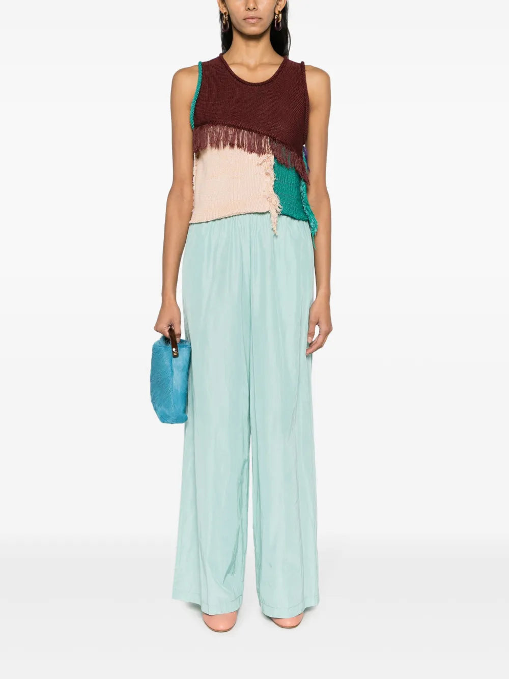Colour-Block Frayed Knitted Top