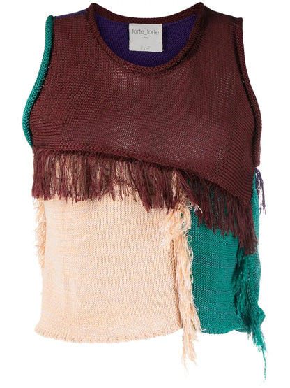 Colour-Block Frayed Knitted Top