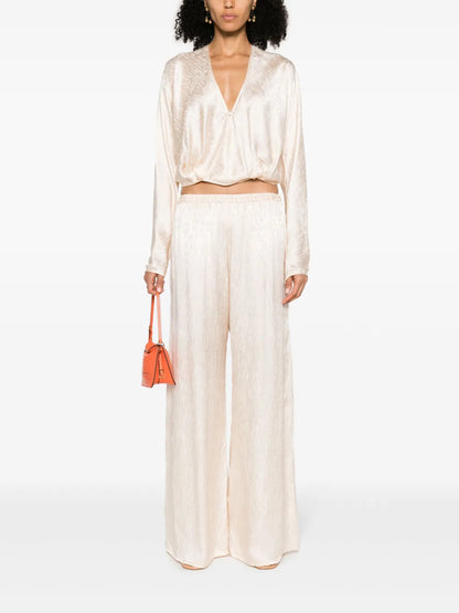 Check-Pattern Ruched-Detail Satin Palazzo Pants