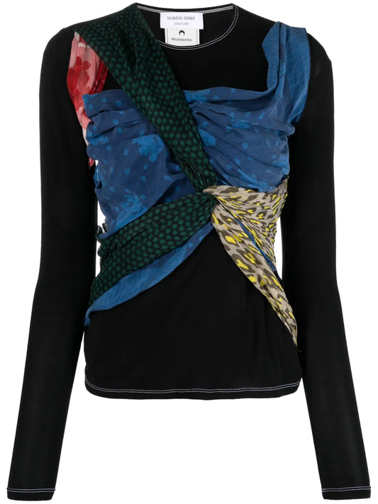 Draped Scarf-Print Jersey Top