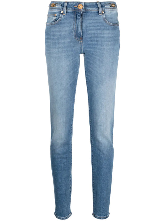 Low-Rise Medusa Head-Motif Skinny Jeans