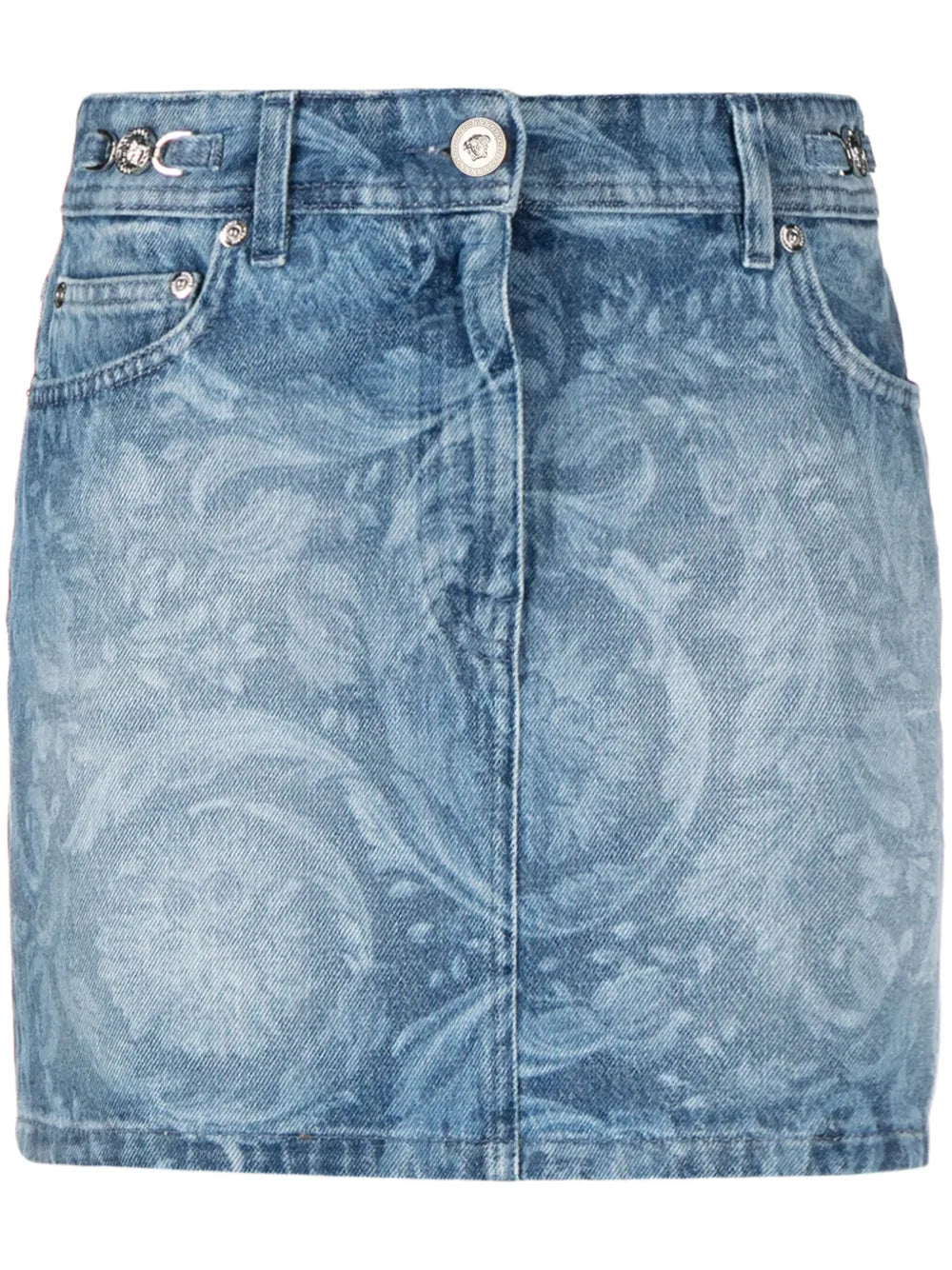 Baroque-Print Denim Miniskirt