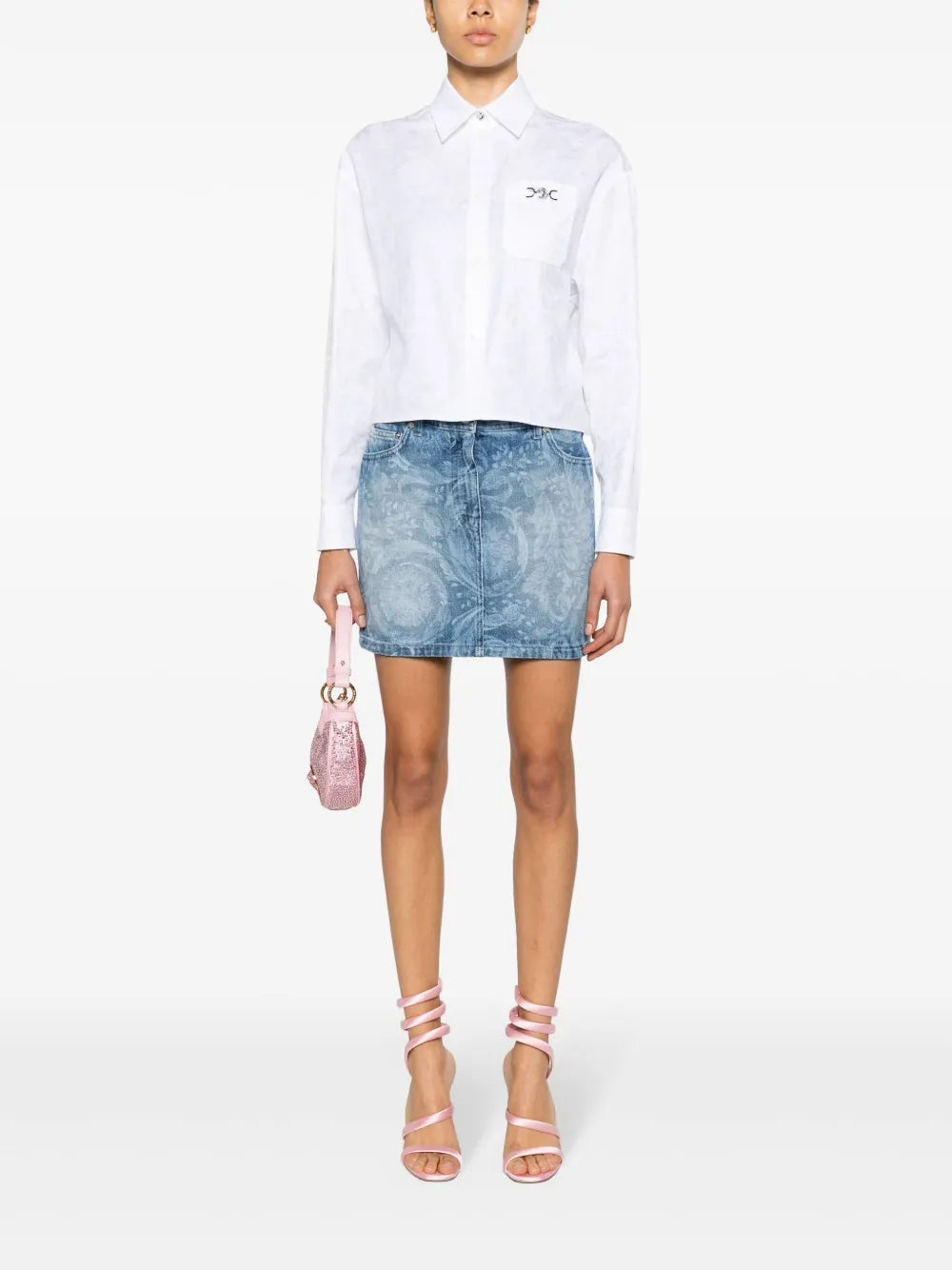 Baroque-Print Denim Miniskirt